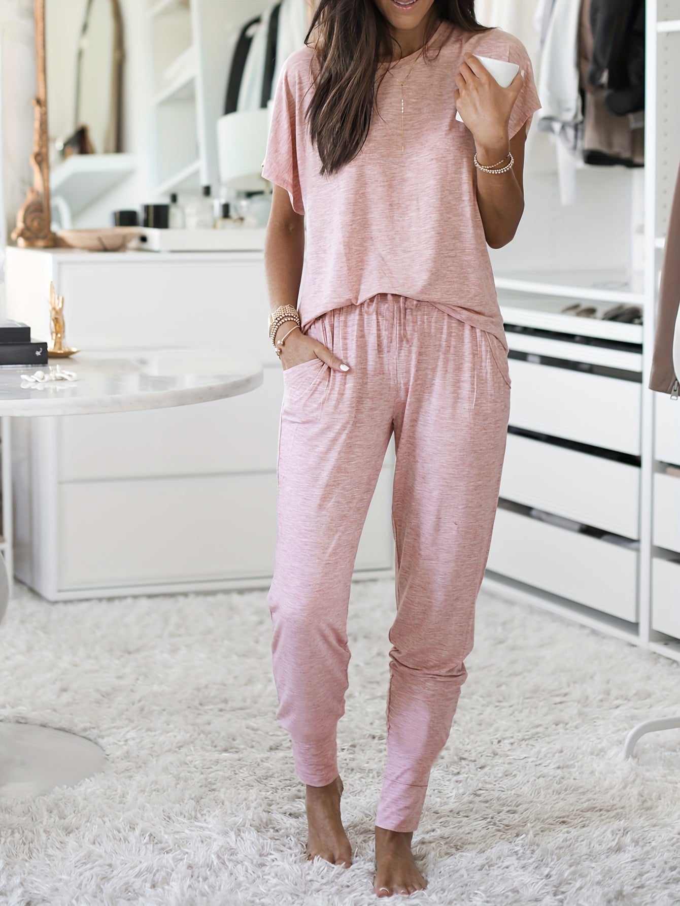 Women's Casual Solid Lounge Set: Short Sleeve Crew Neck Top & Joggers with Pockets